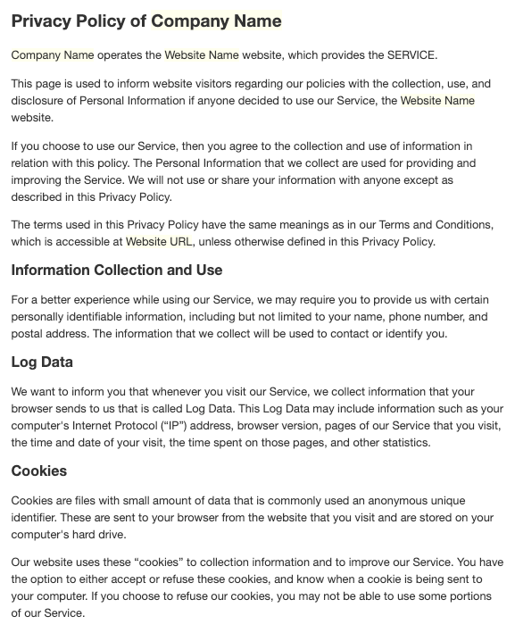Privacy Policy Sample Privacy Policy Template Free Download A 