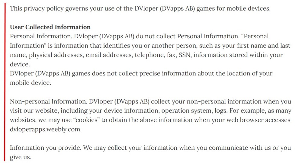 DVloper Privacy Policy: User Collected Information clause