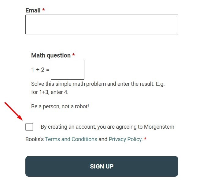 Morgenstern Books sign-up form with Agree checkbox highlighted