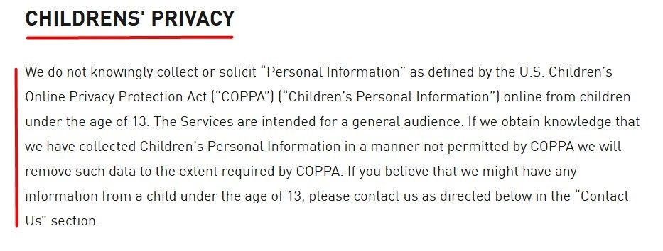 Puma Privacy Policy: Childrens privacy clause