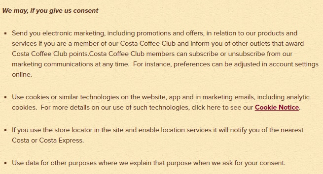 Costa Coffee Privacy Policy: Legal basis and consent clause
