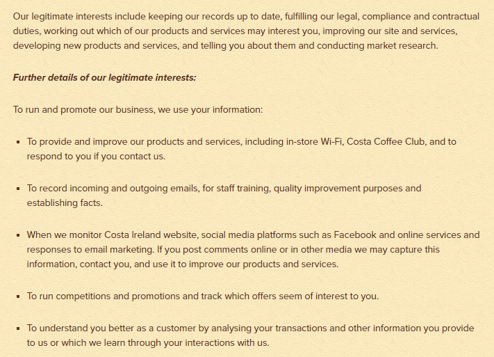 Costa Coffee Privacy Policy: Legal basis and legitimate interests clause