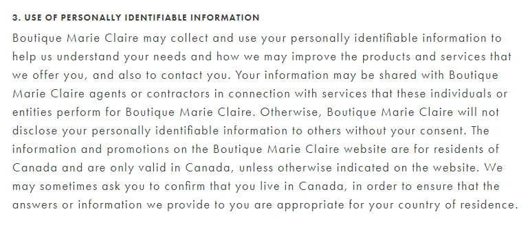 Marie Claire Boutique Privacy Privacy: Use of personally identifiable information