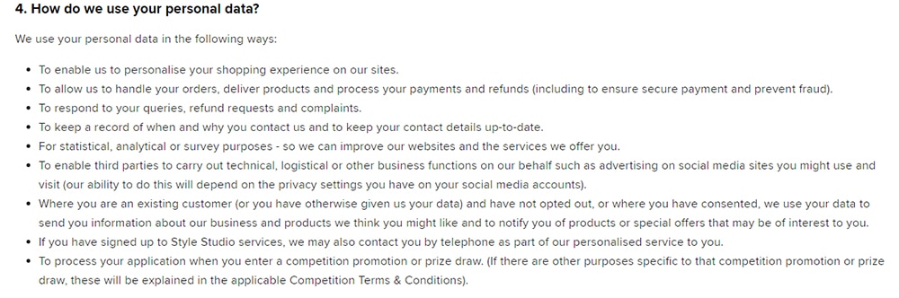 River Island Privacy Notice: How do we use your personal data clause
