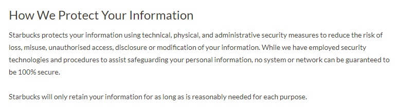 Starbucks Privacy Statement: How we protect your information - security clause