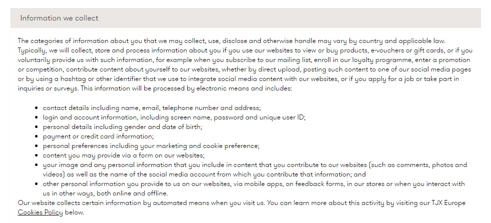 TK Maxx Privacy and Cookie Policy: Information we collect clause