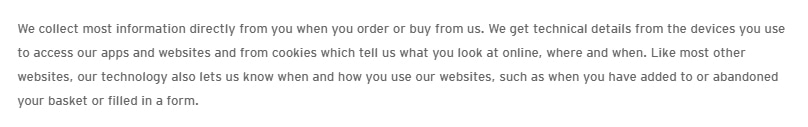 Topshop Privacy and Cookies Policy: How we collect information clause excerpt