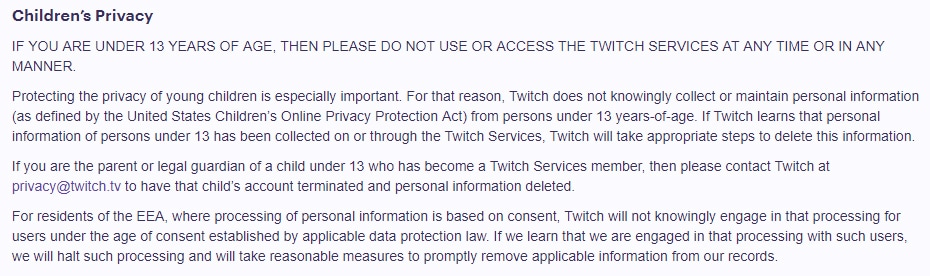 Twitch TV Privacy Policy: Children's Privacy clause