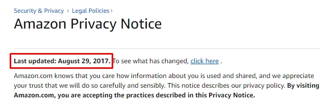 Screenshot of Amazon.com Privacy Notice Last Updated August 29, 2017 - highlighted
