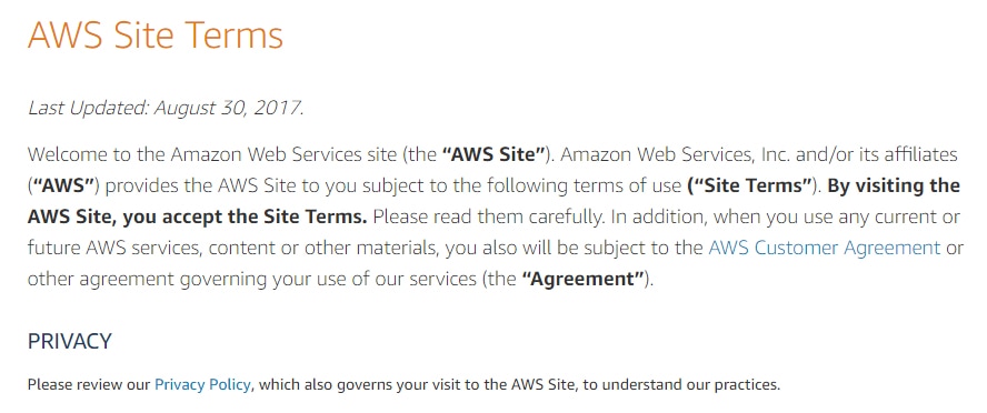 Amazon Web Services Site Terms: Last Updated August 30, 2017