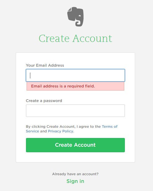 Evernote Create Account Form: By clicking, you agree to