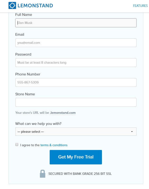 LemonStand Create Account Form: I agree to Terms and Conditions