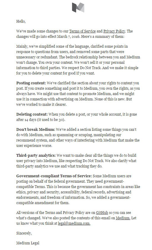 Medium Legal Team email: Changes to Terms of Service and Privacy Policy