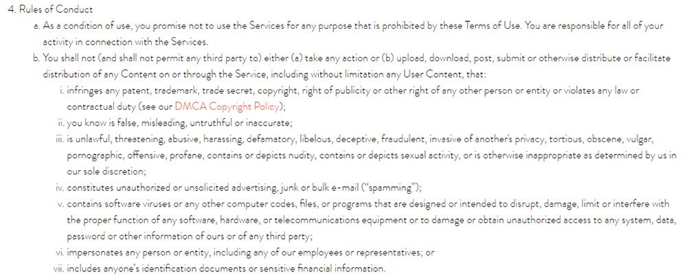 Two Dots mobile game Terms & Conditions: Rules of Conduct clause