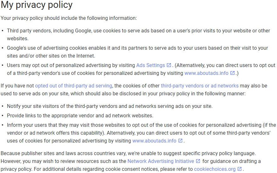 Google AdSense Terms and Conditions: Privacy Policy requirement clause