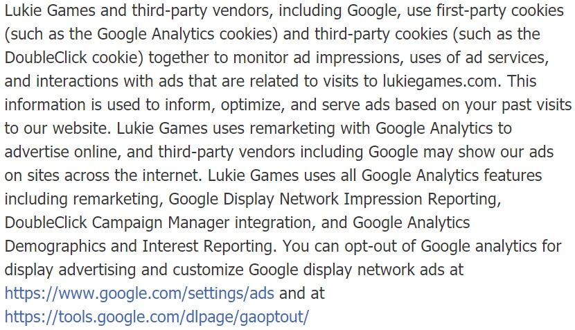 Lukie Games Privacy Policy: Google Analytics and third parties clause