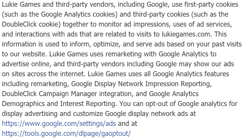 Lukie Games Privacy Policy: Google Analytics and third parties clause