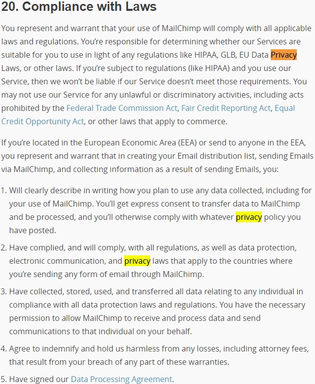 MailChimp Terms of Use: Compliance with Laws full clause