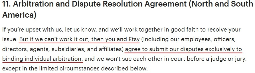 Etsy Arbitration Agreement excerpt