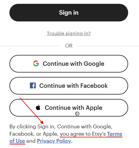 Etsy sign in page with Terms link highlighted