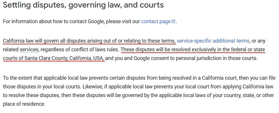 Google Terms Governing law clause