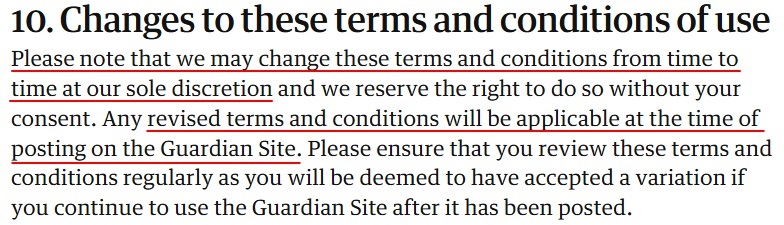 The Guardian Terms of Service Changes clause