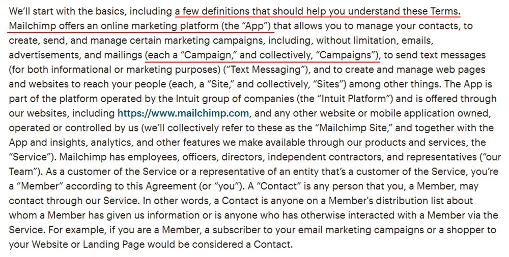 Mailchimp Terms of Use Intro section