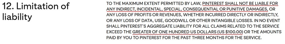 Pinterest Business Terms of Service: LImitation of Liability clause