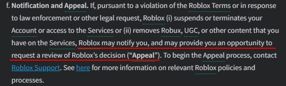 Roblox Terms of Use: Notification and Appeal clause