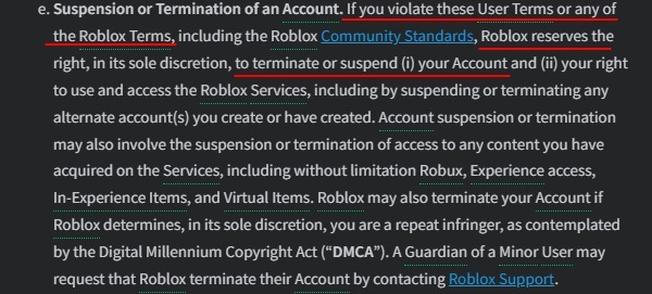 Roblox Terms of Use: Suspension Termination clause