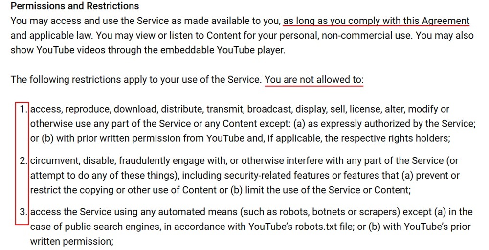 YouTube Terms: Permissions and Restrictions clause