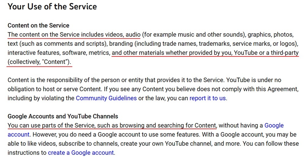 YouTube Terms: Use of the service clause