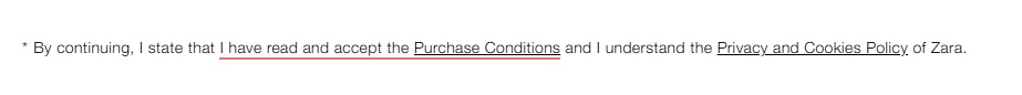 Zara read and accept purchase conditions statement
