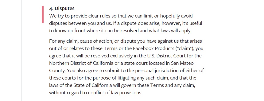 Facebook Terms of Service: Disputes clause
