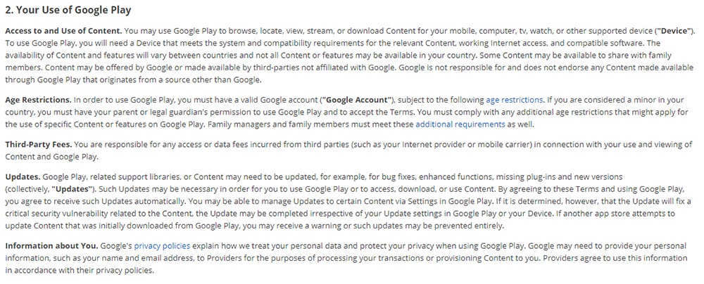 Google Play Terms of Service: Your Use of Google Play clause excerpt