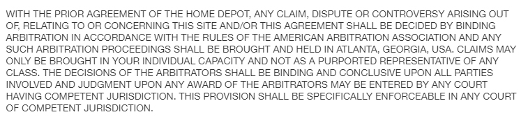 Home Depot Terms of Use: Arbitration clause