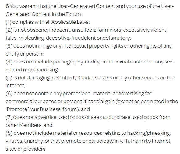 Huggies Forum Terms and Conditions: User-generated content clause