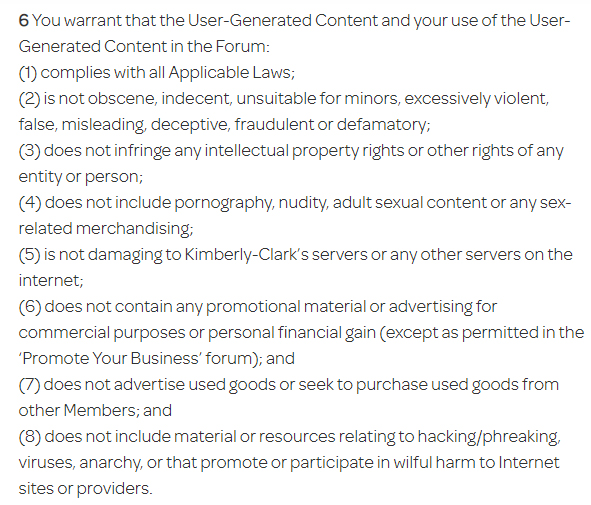 Huggies Forum Terms and Conditions: User-generated content clause