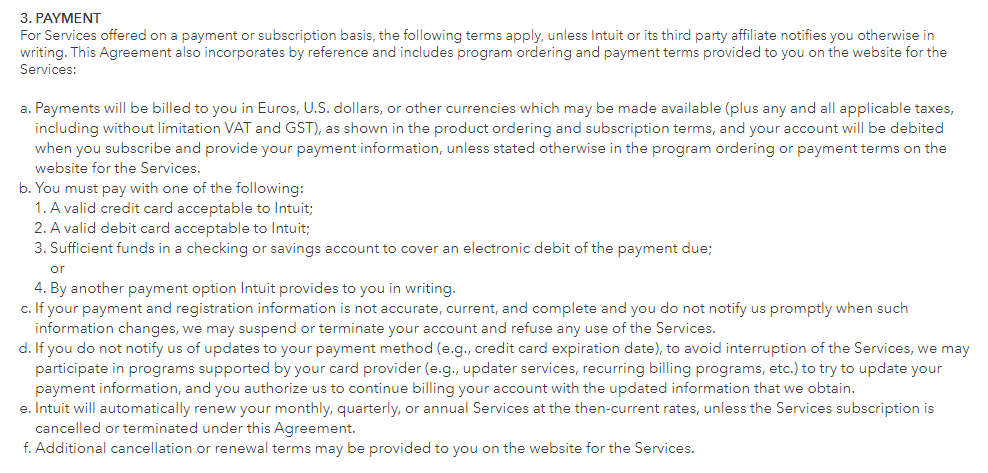 QuickBooks Terms of Service: Payment clause