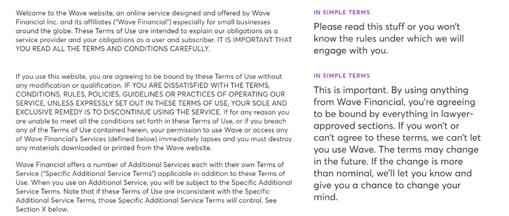 Wave Terms of Use: Introduction clauses with full and simple versions